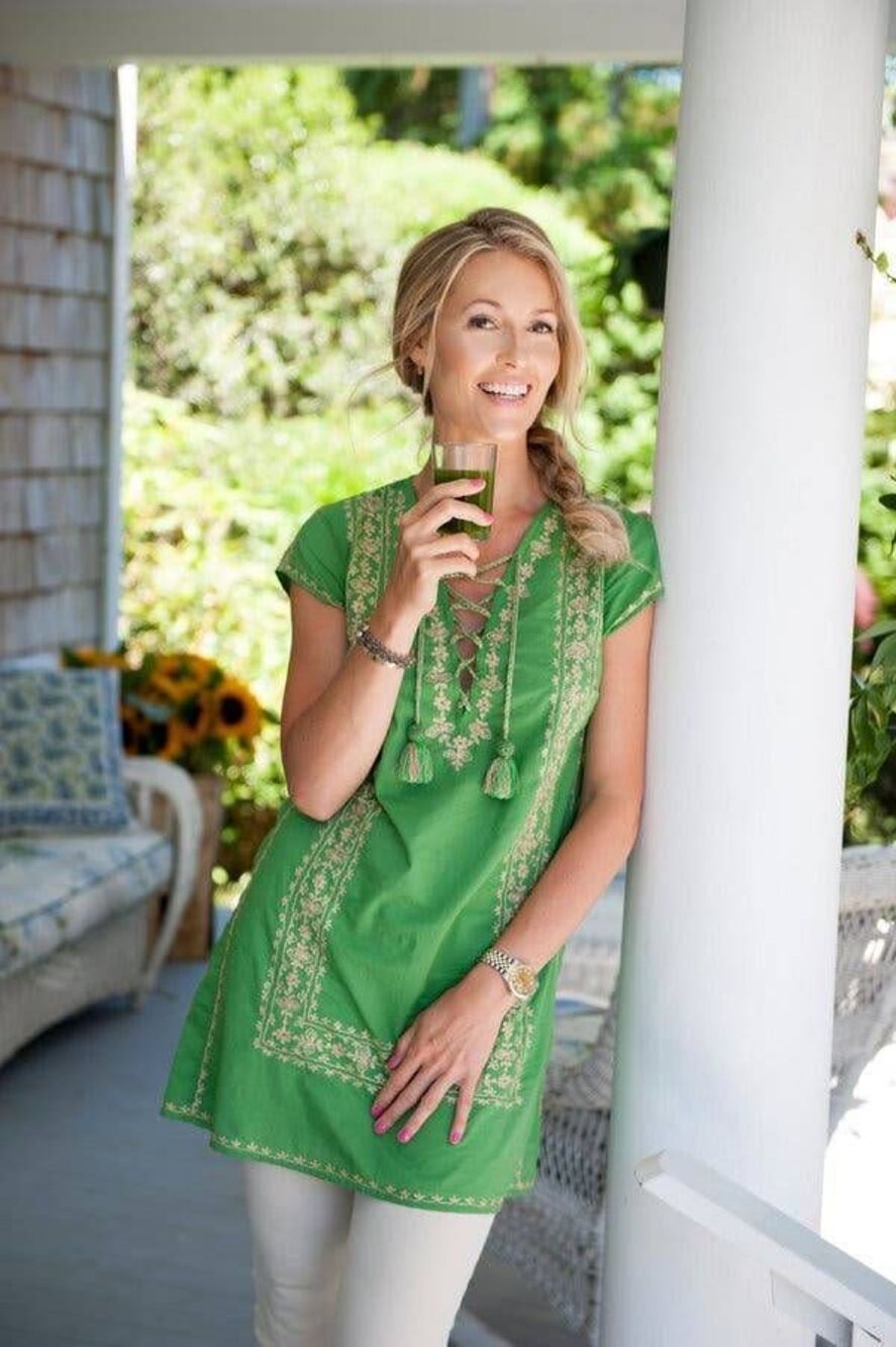 Calypso St Barth Green Gold Embroidered Boho Tunic Mini Dress